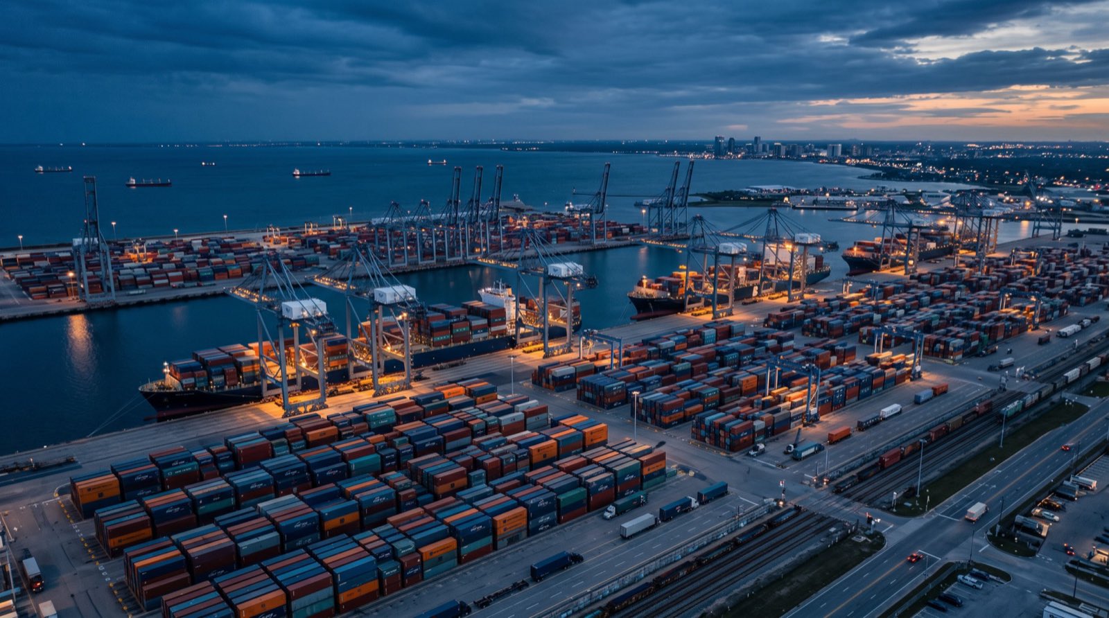 Container port at blue hour